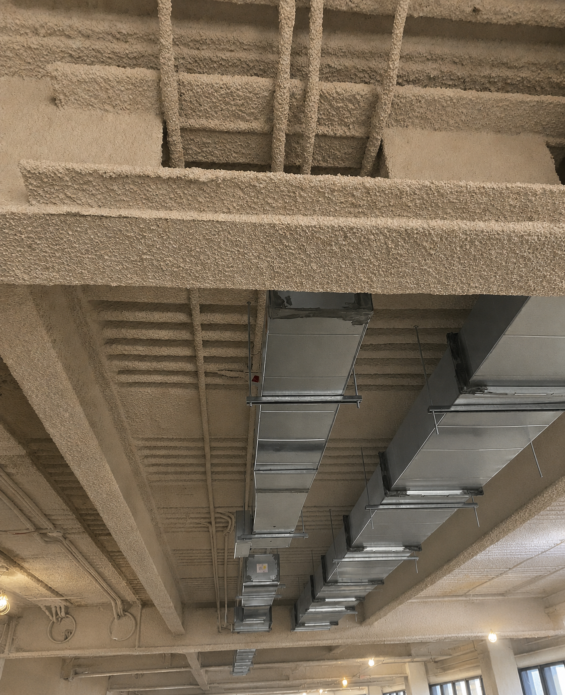 New galvanized sheet-metal ductwork run between exposed ceiling joists during a renovation