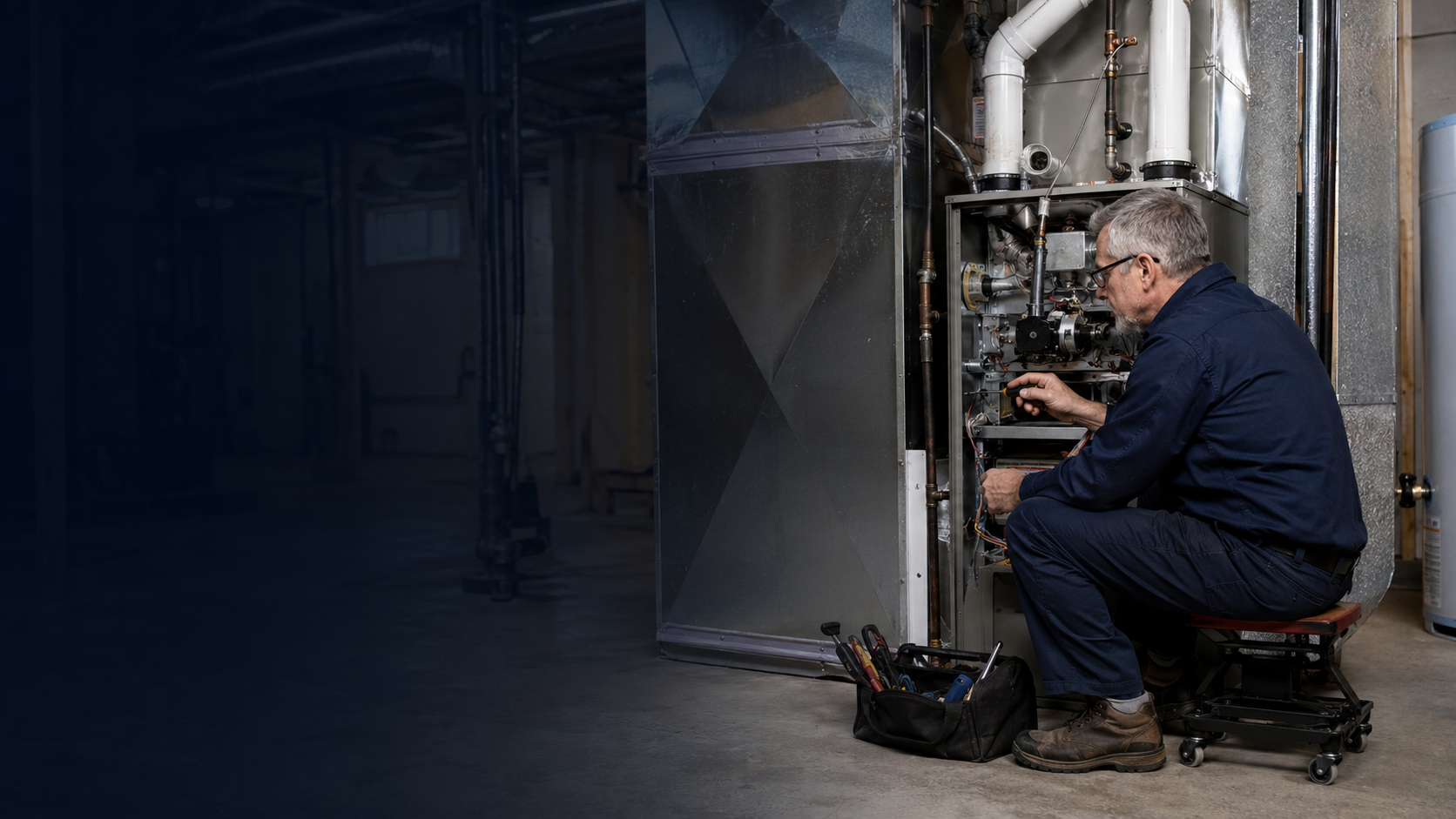NEX Mechanical technician servicing a furnace in a residential mechanical room